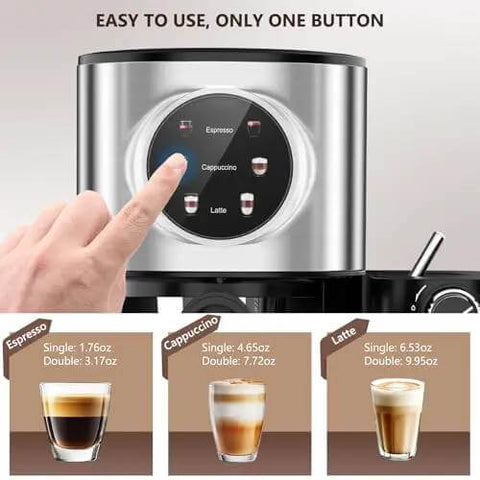 Touchscreen control of Barista-Grade 3-In-1 20 Bar Espresso Machine For Home Use With Dual Boiler And Automatic Milk Frother