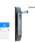Solid Heavy Duty Smart Door Lock With APP Remote Control And Lightning Fast Fingerprint Scan Total No Sweat Home Security Keyless Entry, showing touchscreen features and app interface.