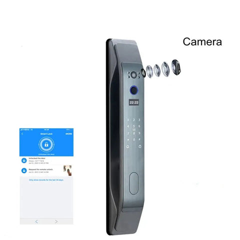 Heavy Duty Smart Door Lock Boasting Fingerprint Recognition App Control Set Password And IC Card Access For Seamless Auto Unlock shown with camera features and app interface.