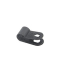 Close-up of a black nylon R-type clip from the 200 Piece 1/4 Inch Nylon Cable Clamps Assortment Kit showing screw hole.