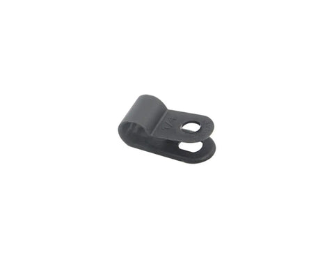 Close-up of a black nylon R-type clip from the 200 Piece 1/4 Inch Nylon Cable Clamps Assortment Kit showing screw hole.