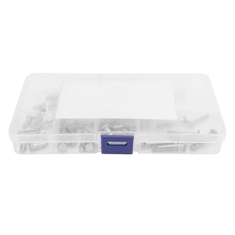 Plastic box containing 60 Piece Clevis Pins Assortment Kit With Zinc Plated Steel Pins Flat Head Single Hole Heavy Duty And Rustproof