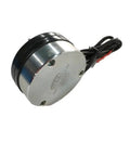 Electromagnetic brake for forklift handling equipment; side view, metal housing with black coil, 24V.