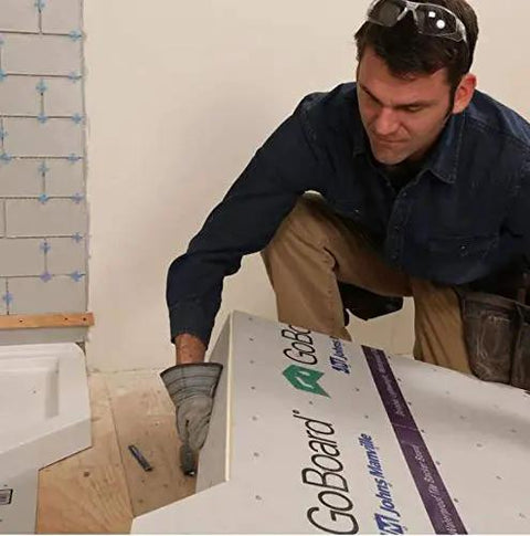 No Sweat Ultralight Shower Wall Panel Kit Three Foot X Five Foot Half Inch Boards Heavy Duty Backer being installed by a professional.