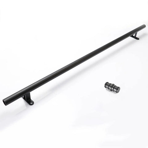 Heavy Duty Sliding Barn Door Hardware Kit With Adjustable Overhead Rail And Satin Black Finish includes a long black rail and a roller.