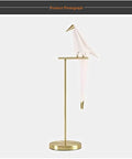 Bird Themed Modern Art LED Floor Lamp For Home And Office with gold base and PVC bird shade, flame retardant, side view.