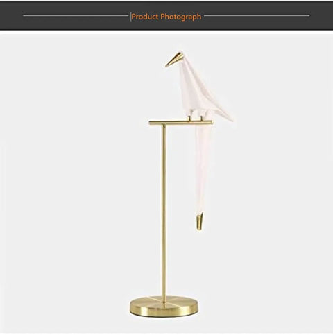 Bird Themed Modern Art LED Floor Lamp For Home And Office with gold base and PVC bird shade, flame retardant, side view.