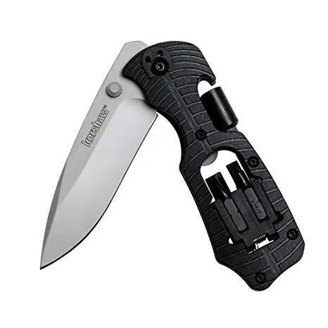 Tough As Nails Tactical Pocket Knife Featuring A Sharp Drop Point Steel Blade Plus Built In Bit Driver And Pocket Ruler with ergonomic black handle.