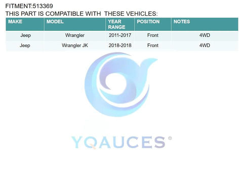 Compatibility chart for Front Wheel Bearing And Hub Assembly For Jeep Wrangler JK 2011 2012 2013 2014 2015 2016 2017 2018 4WD.