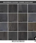 Charred color chart featuring various wood finishes including White Oak, Elm, Red Oak, and Douglas Fir.