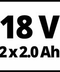 Rock Solid 18V Cordless Drill Driver With Kickass 45 Nm Torque And Smooth Two Speed Gearing Includes Dual 2.0 Ah Batteries Quick Charger Plus Full 22 Piece Accessory Kit, battery specification graphic.