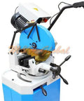 14 Inch Cold Cut Circular Saw With Heavy Duty Stand, Swivel Base Pro Grade Rig For Precision Metal Cutting, 220V 3 Phase, Dual Speed 18 Or 36 RPM, Cuts Steel Like Butter, Shop Ready, Built To Perform, Job Site Essential - close-up view of the saw with motor and blade.