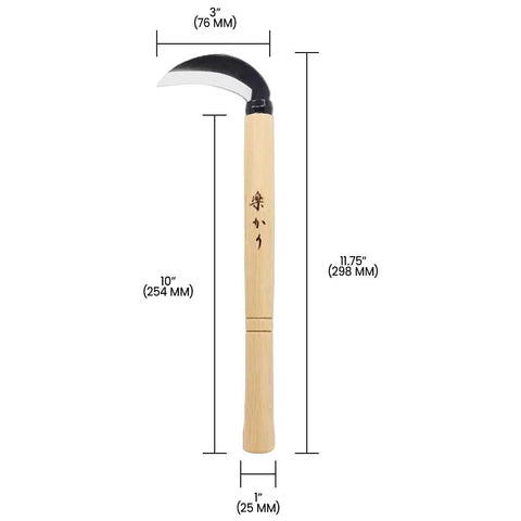 Image of Beast High Carbon Steel Japanese Style Weeding Sickle with 3-inch blade and 10-inch beech wood handle, garden tool dimensions displayed.