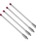 Four white CMM touch probe styluses with red 6mm ceramic ball tips and threaded ends, 100mm length.