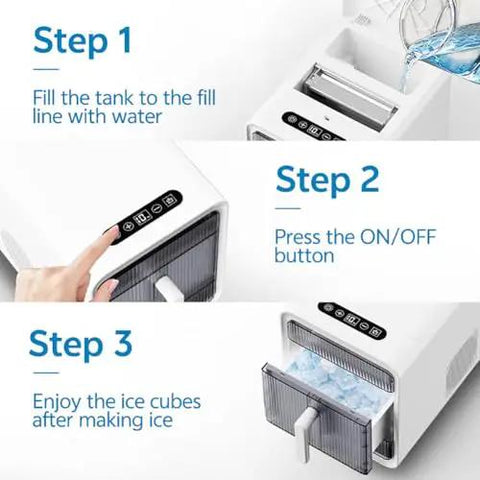 Real MVP Nugget Ice Maker Countertop Model With Self-Cleaning Function showing setup steps including filling tank and buttons.