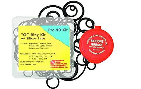 O Ring Kit with Silicone Grease, Pro-40, for Regulators and Cameras, assorted Buna rubber rings visible above silicone lube container