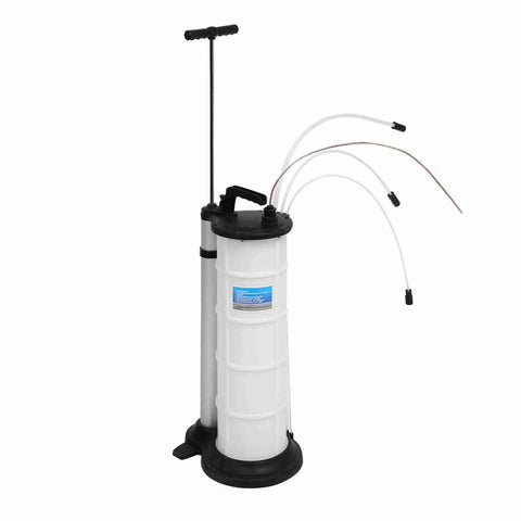 Easy Grip Hand Operated Oil Pump For Quick Engine Fluid Extraction With Suction Hose and manual action shown with three flexible hoses.