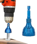Pro Grade Deburring External Chamfer Tool With Tungsten Carbide Blade attached to drill, and standalone tool in blue.