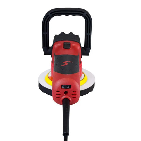 Front view of Pro Grade Dual Action Polisher Buffer For Cars And Boats With 20ft Power Cord, 2,500-6,500 OPM, red and black model.