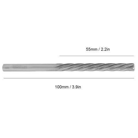 Pro Grade Tungsten Steel Spiral Reamer With Straight Shank For Precision Hole Cutting And Machining, shown with dimensions