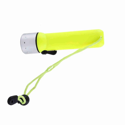 180 Lumen LED Dive Flashlight With Fluorescent Green Body Submersible Underwater Torch with lanyard strap, side view