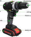 Heavy Duty Workhorse Cordless Drill Driver Set With Brushless Motor And Knockout Impact Wrench Packed With Bright Job Site LEDs And Two All Day Run Time Lithium Ion Batteries Plus One Click Charger And 26 Piece Pro Accessory Kit close-up view showing features including LED lighting and large capacity battery.