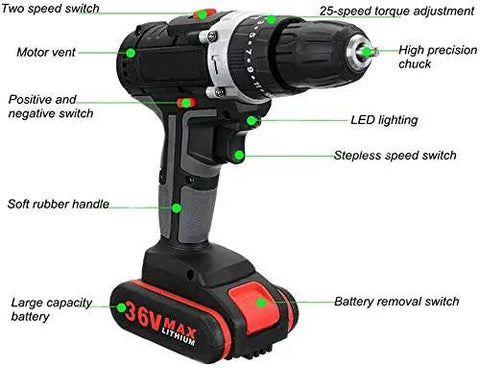 Heavy Duty Workhorse Cordless Drill Driver Set With Brushless Motor And Knockout Impact Wrench Packed With Bright Job Site LEDs And Two All Day Run Time Lithium Ion Batteries Plus One Click Charger And 26 Piece Pro Accessory Kit close-up view showing features including LED lighting and large capacity battery.