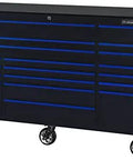 Heavy Duty Rolling Tool Cabinet Featuring Nineteen Spacious Drawers With Full Extension Slides Built Rock Solid For The Shop Rolls Like A Dream On Locking Caster Wheels In Black With Blue Pulls, side view.
