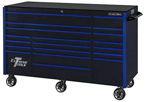 Heavy Duty Rolling Tool Cabinet Featuring Nineteen Spacious Drawers With Full Extension Slides Built Rock Solid For The Shop Rolls Like A Dream On Locking Caster Wheels In Black With Blue Pulls, side view.