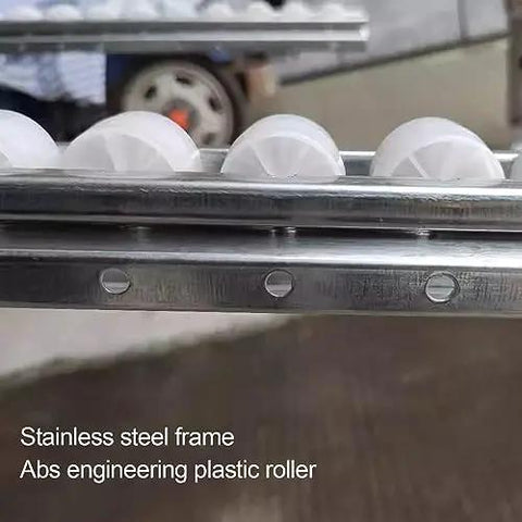 Workhorse Unpowered Conveyor Roller System For Easy Move Of Barrels, Cartons, And Beverages In Warehouses And Distribution Centers With ABS Plastic Rollers And Steel Frame In 30 40 50 Cm Widths The Ultimate DIY Factory Setup, close-up ABS rollers on stainless steel frame