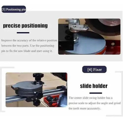 Positioning pin and slide holder of Heavy Duty 550W Electric Circular Saw Blade Sharpener for accurate grinding adjustments.