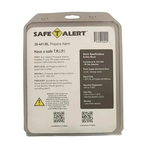 Compact Propane Gas Alarm For Rvs With Surface Mount packaging back, showing specifications and warnings for safe use