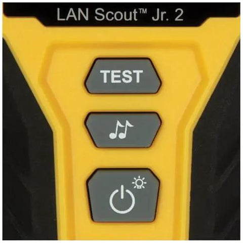 Close-up of LAN Scout Jr 2 Ethernet Cable Tester for CAT5e CAT6 CAT6A RJ45 cables showing buttons for test functions.