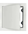 Heavy Duty Drywall Access Panel 14 By 14 Inch Wall Hole Cover White galvanized steel panel opened showing flush design.