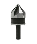 Heavy Duty 3/4 Inch High Speed Steel Countersink Drill Bit 82 Degree Black Oxide Finish Precision Ground For Steel Iron Plastic Wood Pro Workhorse Built Like A Tank Fast Clean Cuts close-up view of the drill bit head.