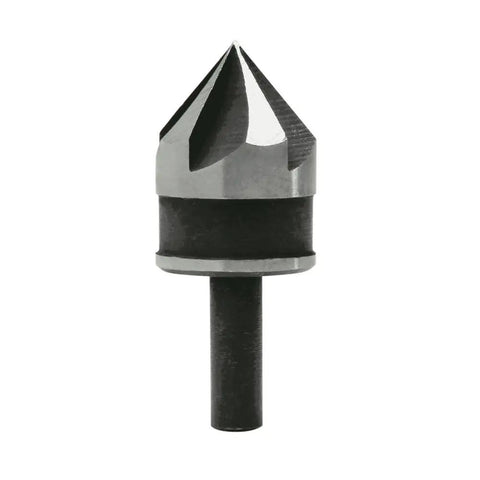 Heavy Duty 3/4 Inch High Speed Steel Countersink Drill Bit 82 Degree Black Oxide Finish Precision Ground For Steel Iron Plastic Wood Pro Workhorse Built Like A Tank Fast Clean Cuts close-up view of the drill bit head.