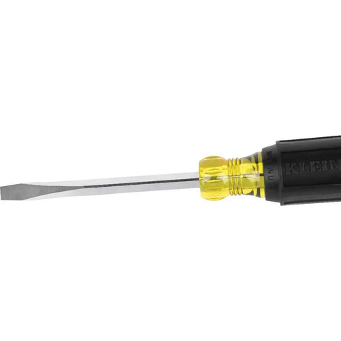 Pro Grade Two Piece Screwdriver Set With Quarter Inch Keystone And Number Two Phillips Tips Cushioned Grip Round And Square Shanks Heat Treated Made In USA Built Tough For Home Improvement And DIY Projects, showing keystone tip with yellow handle