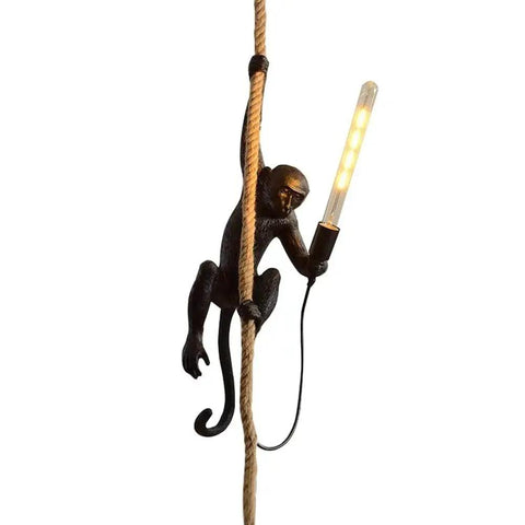 Dope Resin Monkey Ceiling Hanging Lamp With Handcrafted Hemp Rope Black Pendant Light For Dining Room Living Room Bar Cafe And Restaurants Modern Home Decor showing a monkey with a bulb