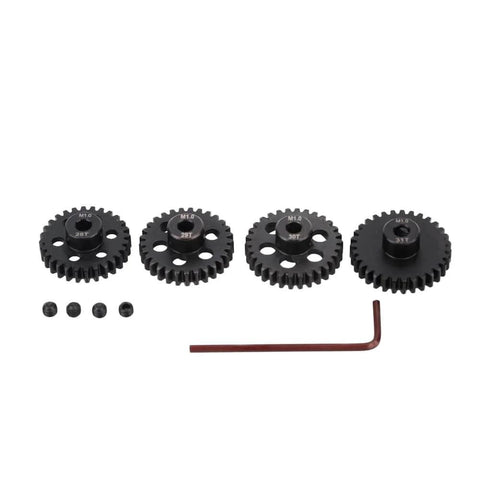 4 Pack Steel Pinion Gears For One Eighth Scale RC Cars, 28T 29T 30T 31T, with 5mm Shaft Hole, M4 Set Screws, and Allen Key