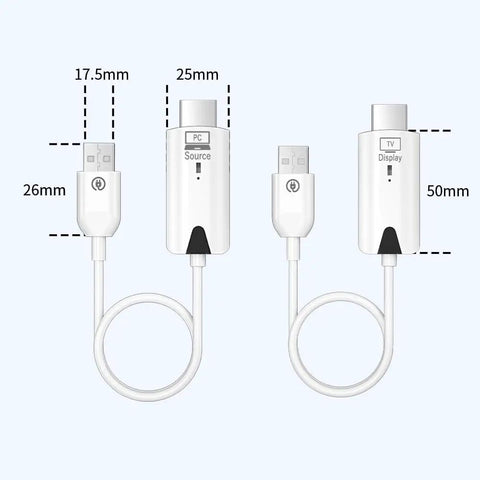 Wireless HDMI Transmitter And Receiver No Fuss Plug And Play 1080P HD Extender With 164 Feet Range for laptops, TV boxes, PS4, PS5, cameras to TV, projector, monitor, and audio showing dimensions of transmitter and receiver.