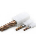 Sisona 1/4-inch carbide roughing end mills, 4-flute, copper heads; set of 3 in white plastic holders (front view).