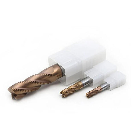 Sisona 1/4-inch carbide roughing end mills, 4-flute, copper heads; set of 3 in white plastic holders (front view).