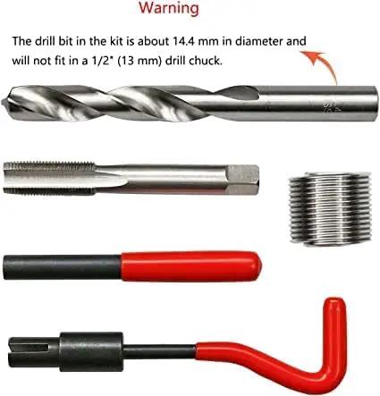 14 Piece M14 X 1.5 Thread Repair Kit With High Speed Steel Inserts And Red Handle, tools and components laid out