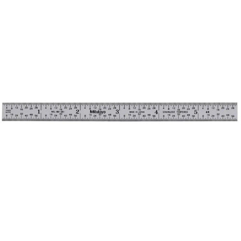 Six Inch Steel Ruler With 4R Fractional Scale Ideal For Layout Work And Dimensional Checks A Handy Go To Tool 1/8 1/16 1/32 1/64 Inch Markings 1/64 Inch Thick By 1/2 Inch Wide Satin Chrome Tempered Stainless Steel, top view