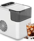 Savage Cooling 1.4L Countertop Nugget Ice Maker with transparent bin, ice cubes, and glass of iced coffee.