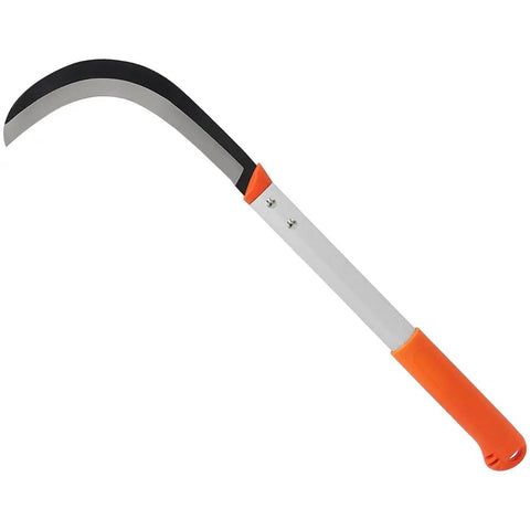 Heavy Duty Brush Clearing Sickle With 9 Inch Carbon Steel Blade And 14.5 Inch Aluminum Handle, Long Reach, Orange Grip
