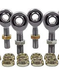 Heavy Duty 3/8-24 Rod Ends Kit For 4 Link Suspension Assembly With Heat Treated Chromoly Bodies Left And Right Hand Threads Plus Cone Spacers And Jam Nuts. Close-up of chromoly rod ends and jam nuts.