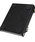 Motorcycle Wheel Cleaning Stand With Cleaning Brush Kit Universal Roller Paddock, compact black design with pads, side view.