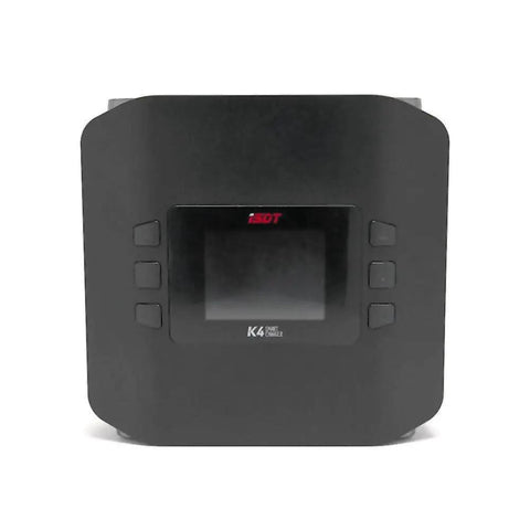 K4 Smart Dual Charger with 400W AC and 600W DC per channel, front view showing interface and control buttons for LiPo charging