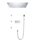 Top Shelf Thermostatic Rainfall Shower Setup With LED Wall Mount Handle And Dual Spray Handheld Copper Core Stainless Steel Ceiling Head, silver finish.